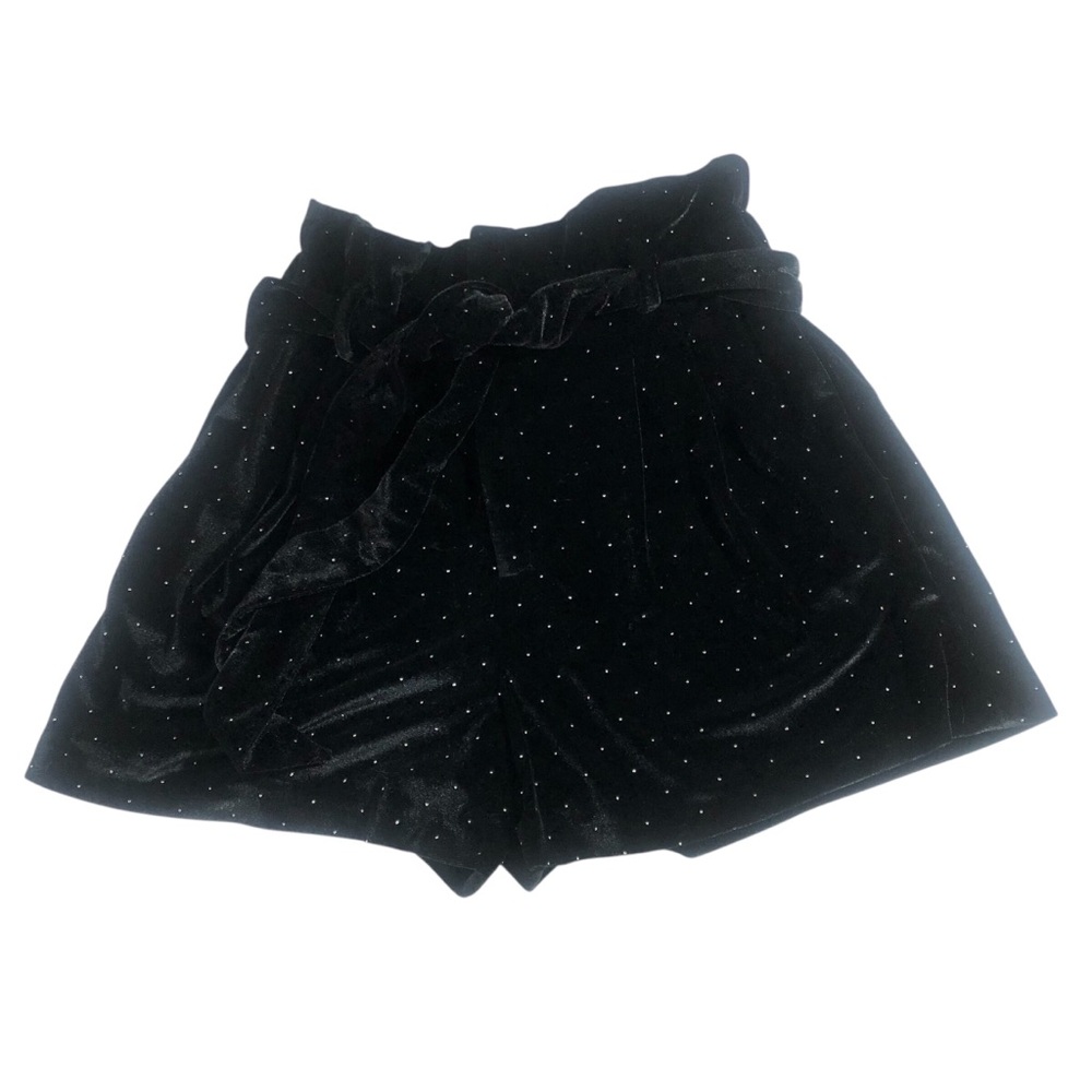 Zara Trafaluc Black Velvet Silver Glitter Studded High Waist Belted Shorts Small